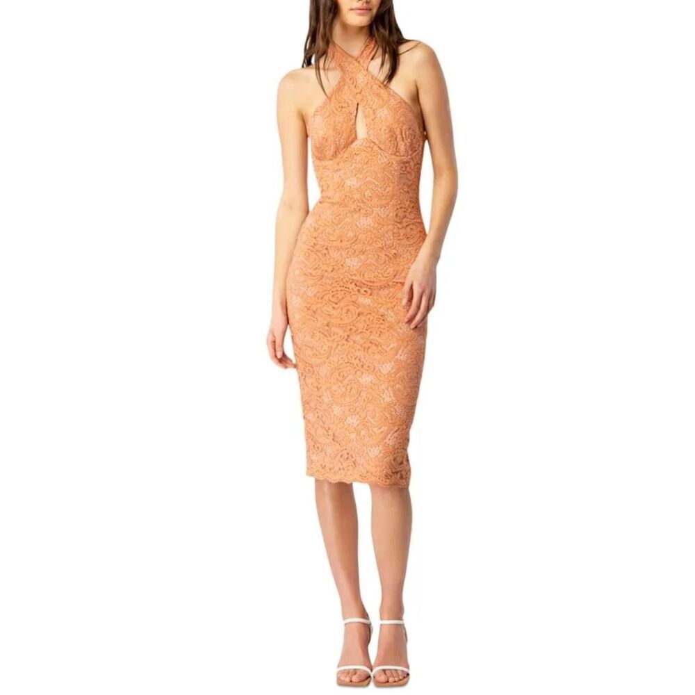 Bardot Riveria Lace Corset Bodycon Halter Dress In Rust Orange/Peach Size 8